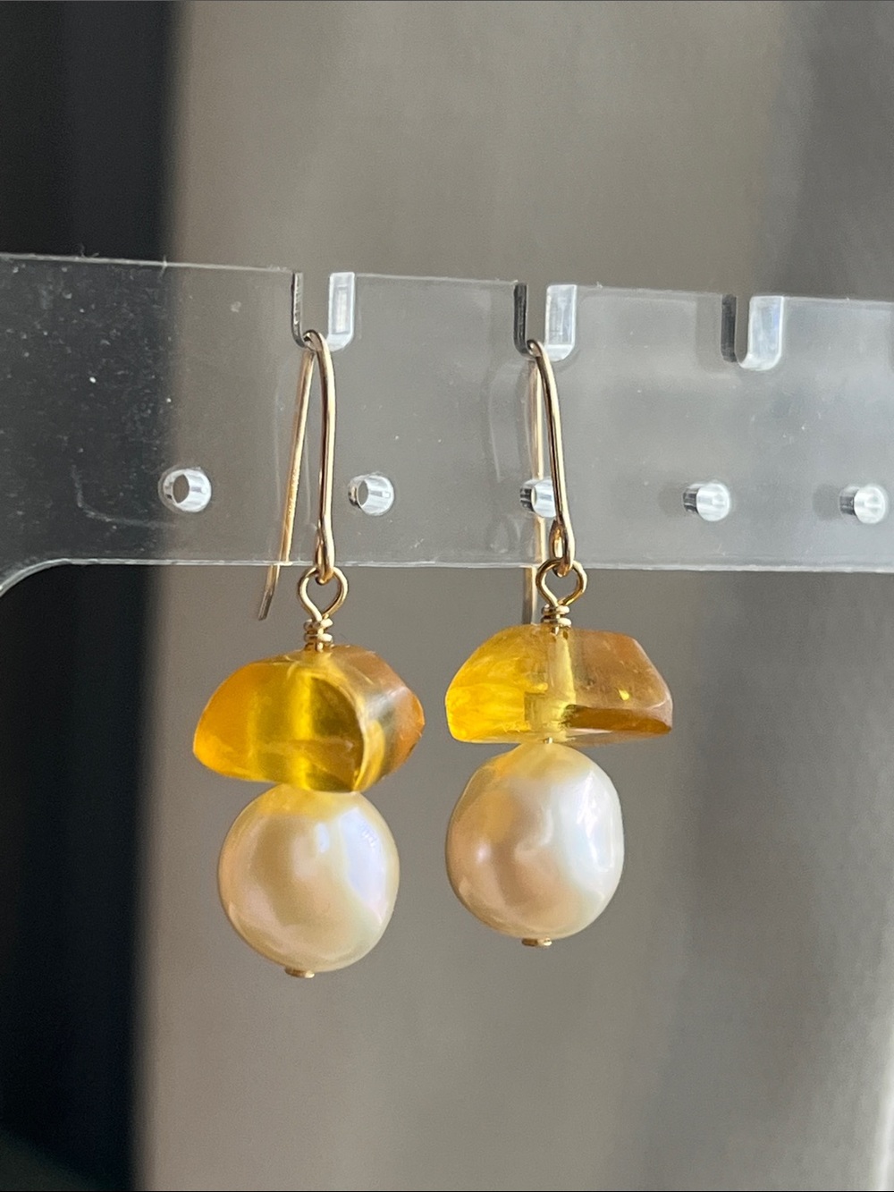 14k Gold F Drop Earrings with Yellow Amber and Pearls
